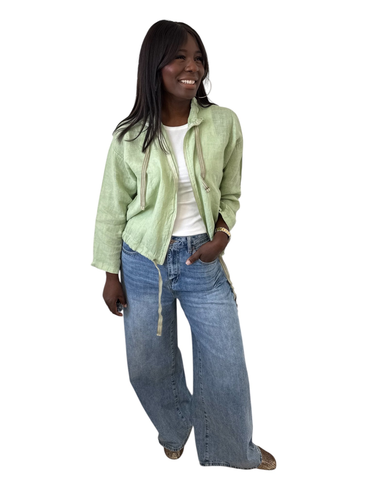 VESTE LIN VERT AMANDE