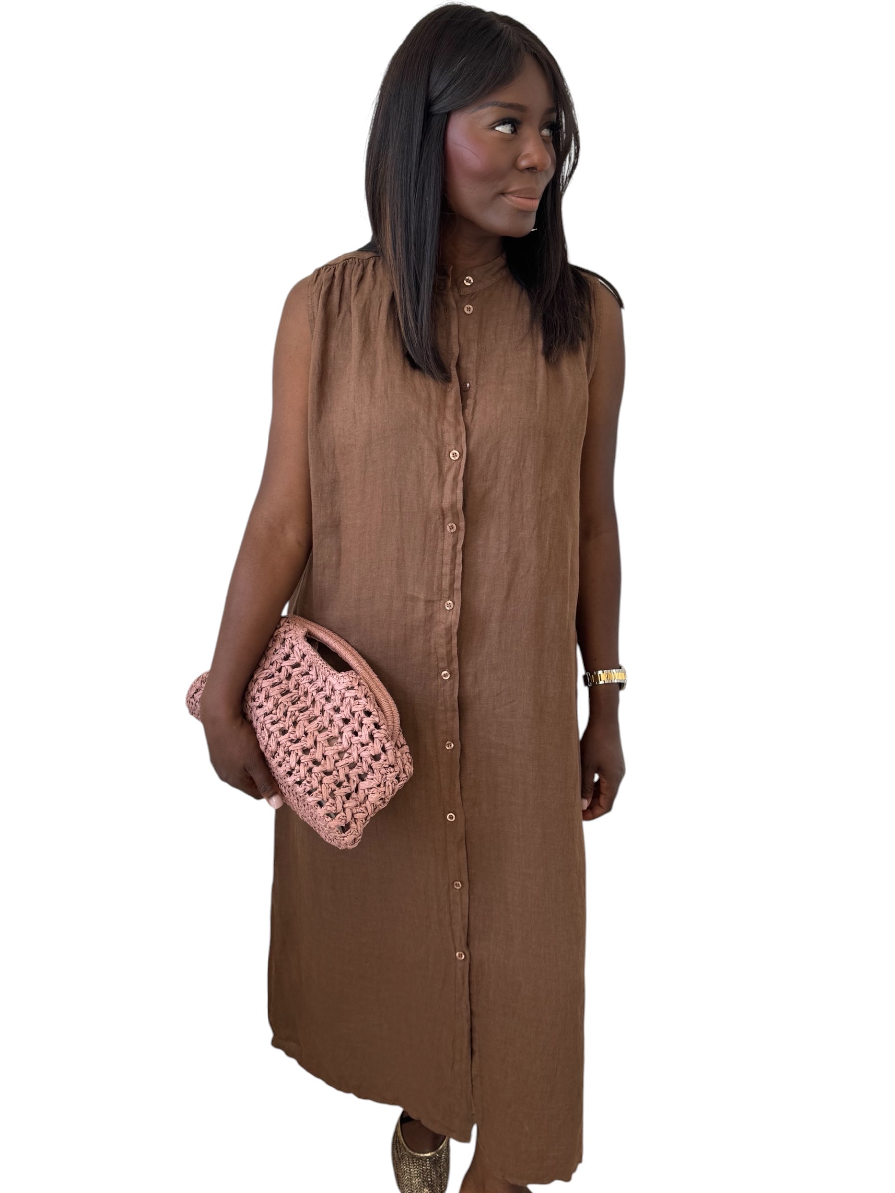 ROBE LIN MARRON SANS MANCHE