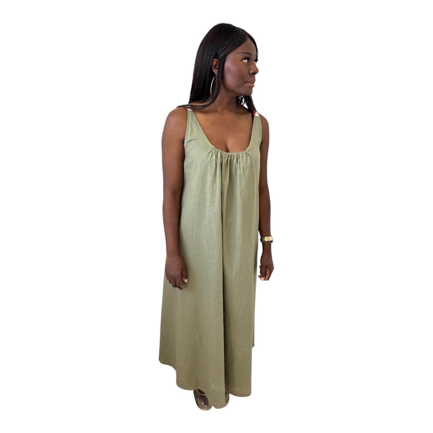 ROBE KAKI BRETELLE ROUGE