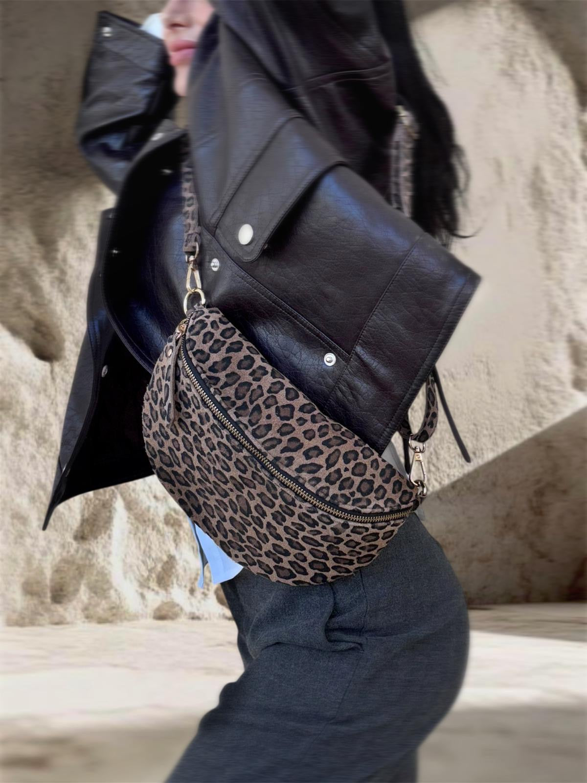 SACOCHE LEO CUIR MARRON PETIT MOTIF