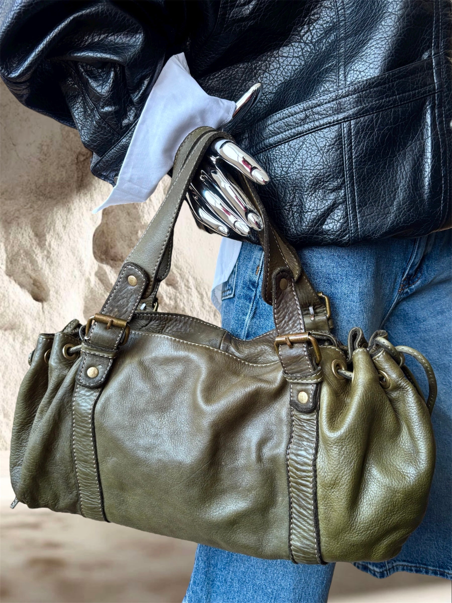 SAC EN CUIR VERT KAKI